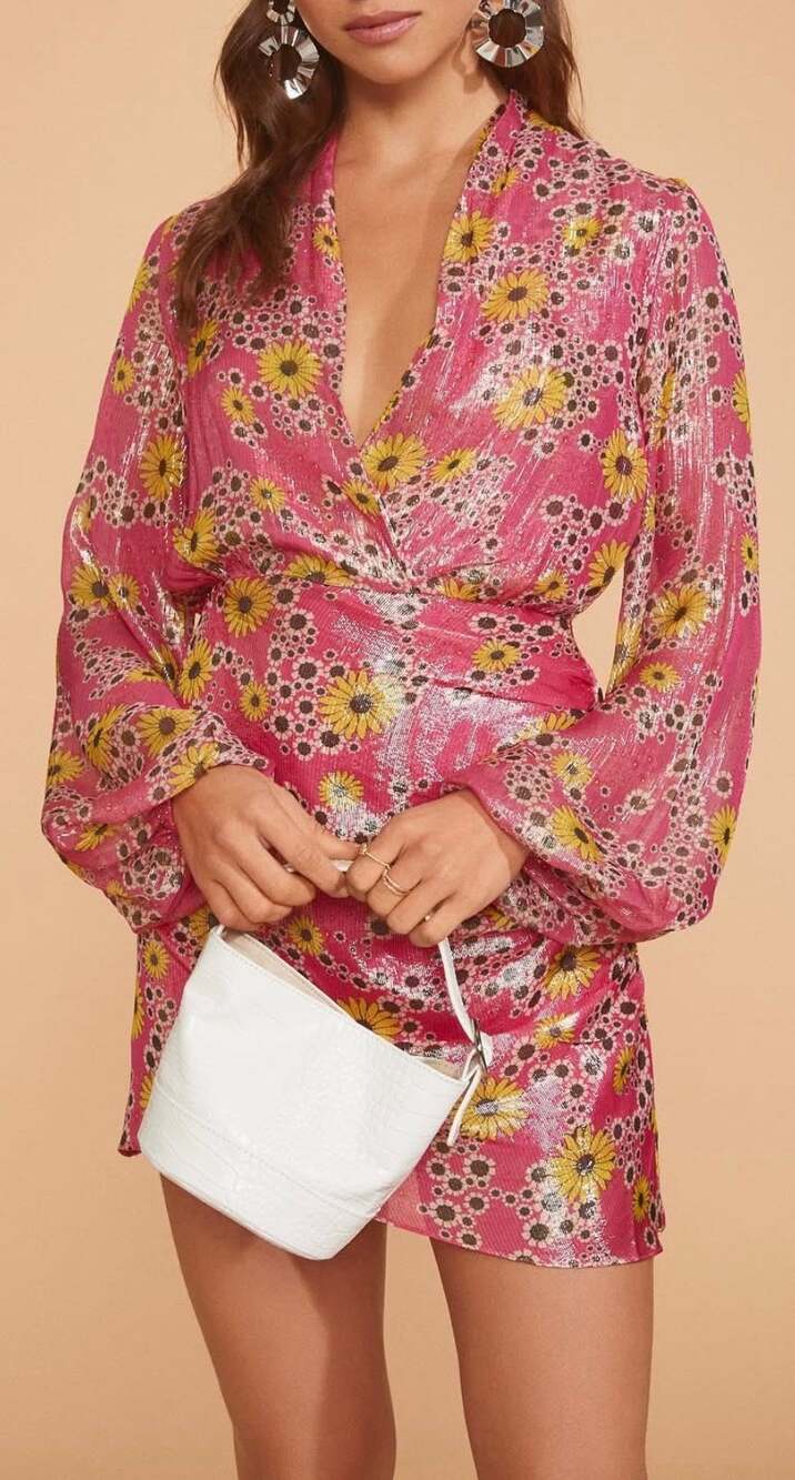 Rococo Sand Mini Dress Pink Metallic Floral Long Sleeve Ruched Skirt size Small